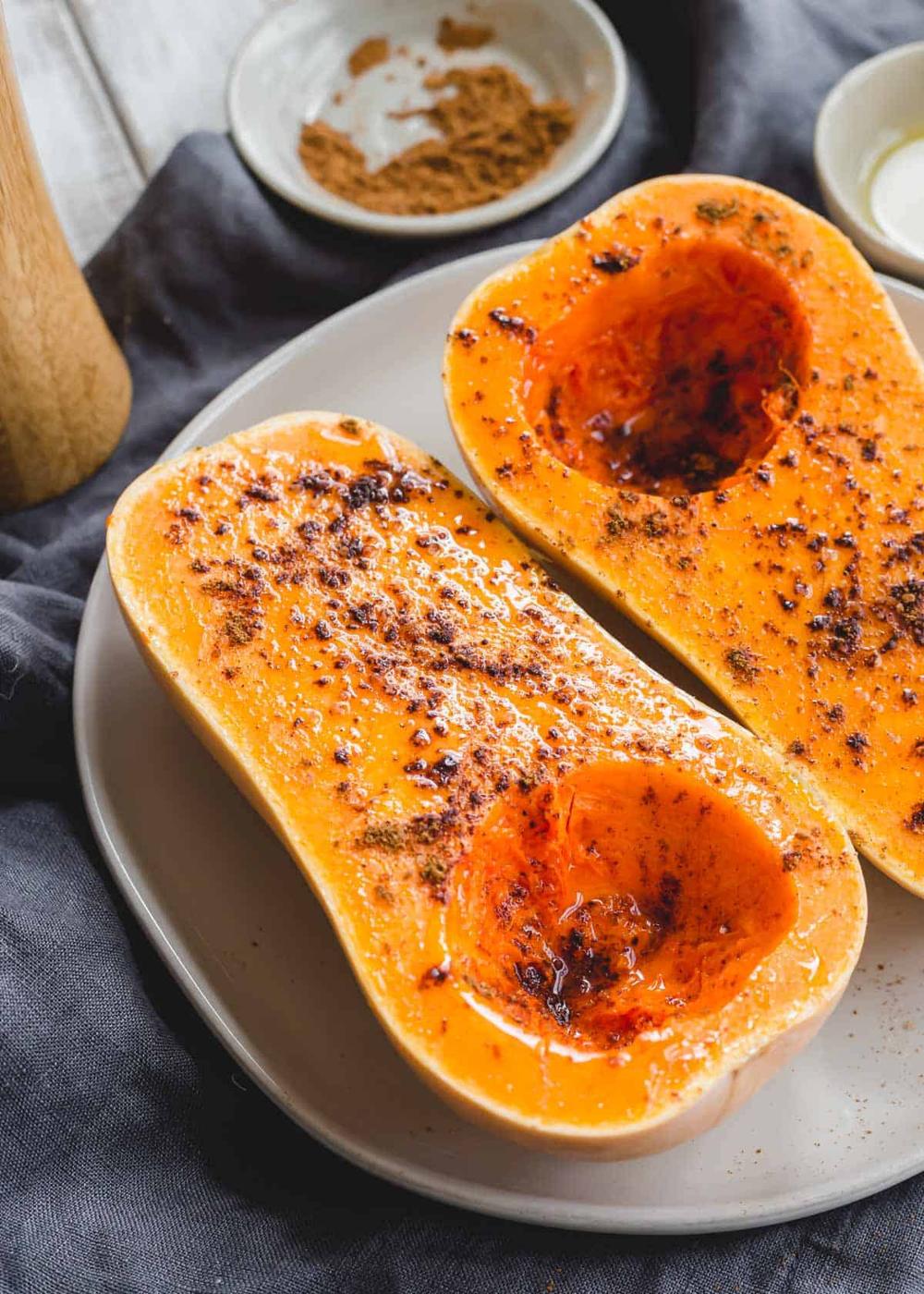 Butternut squash brushed with melted butter and seasoned with five spice powder and salt before air frying.