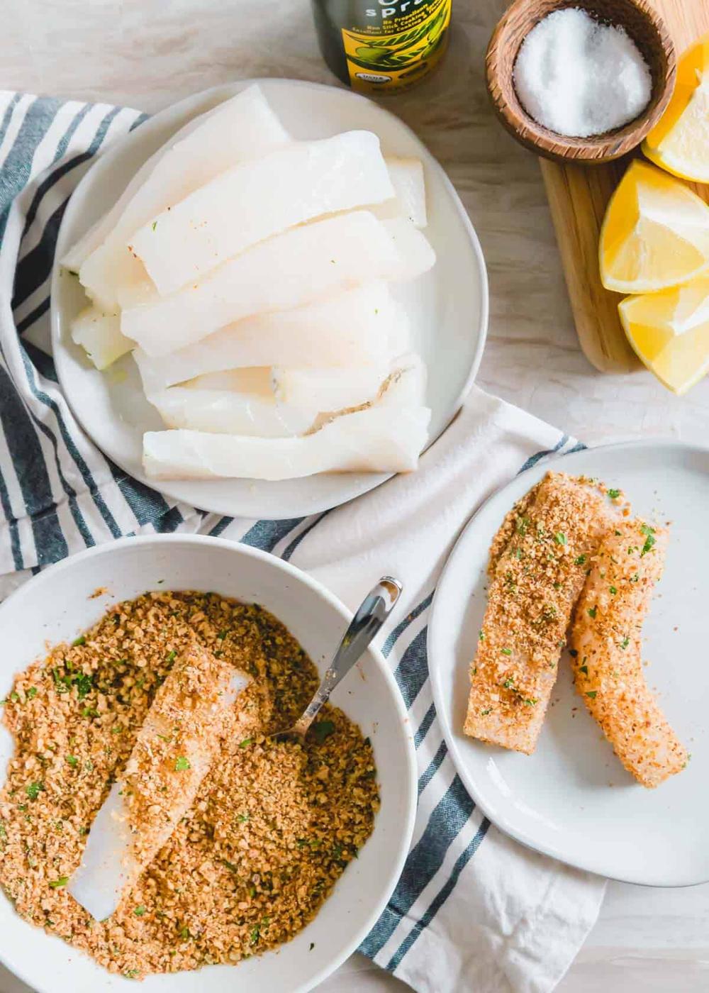 Fresh wild cod is coated in a breadcrumb mixture to make these air fryer fish sticks.