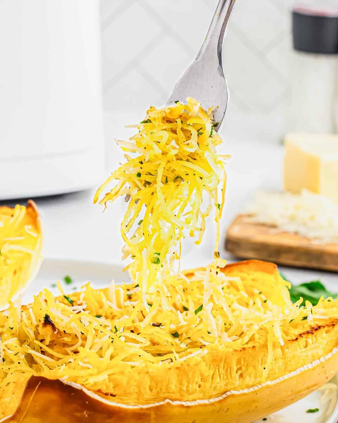 A forkful of air fried spaghetti squash.