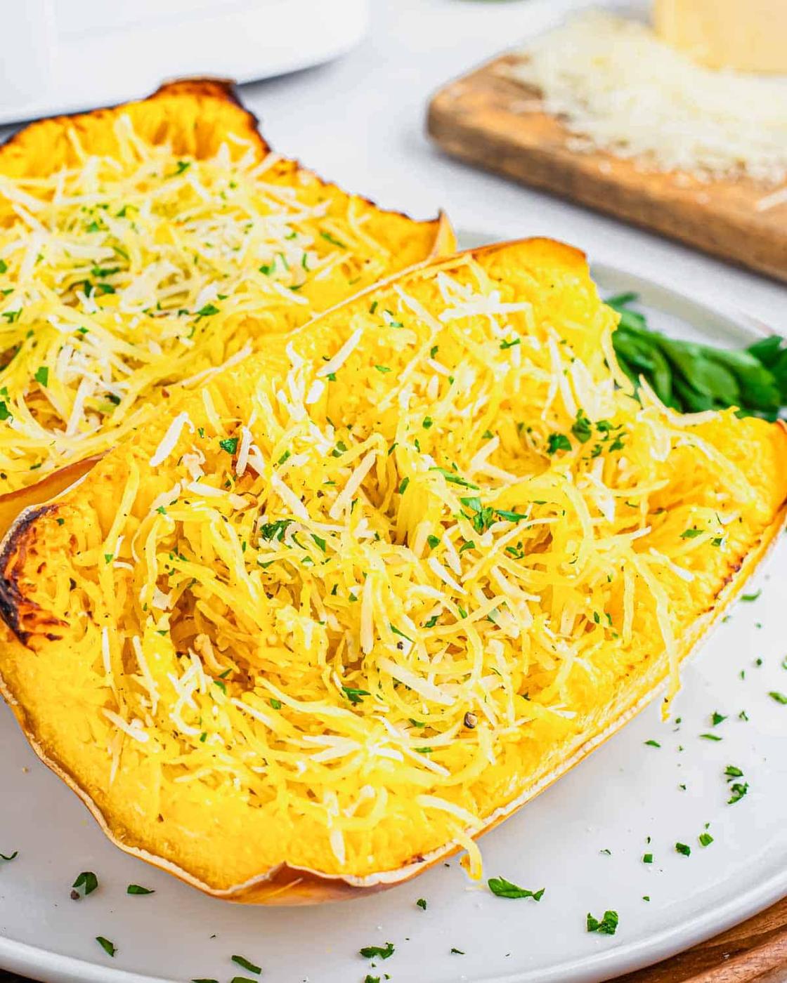 Close up of roasted air fryer spaghetti squash boats.