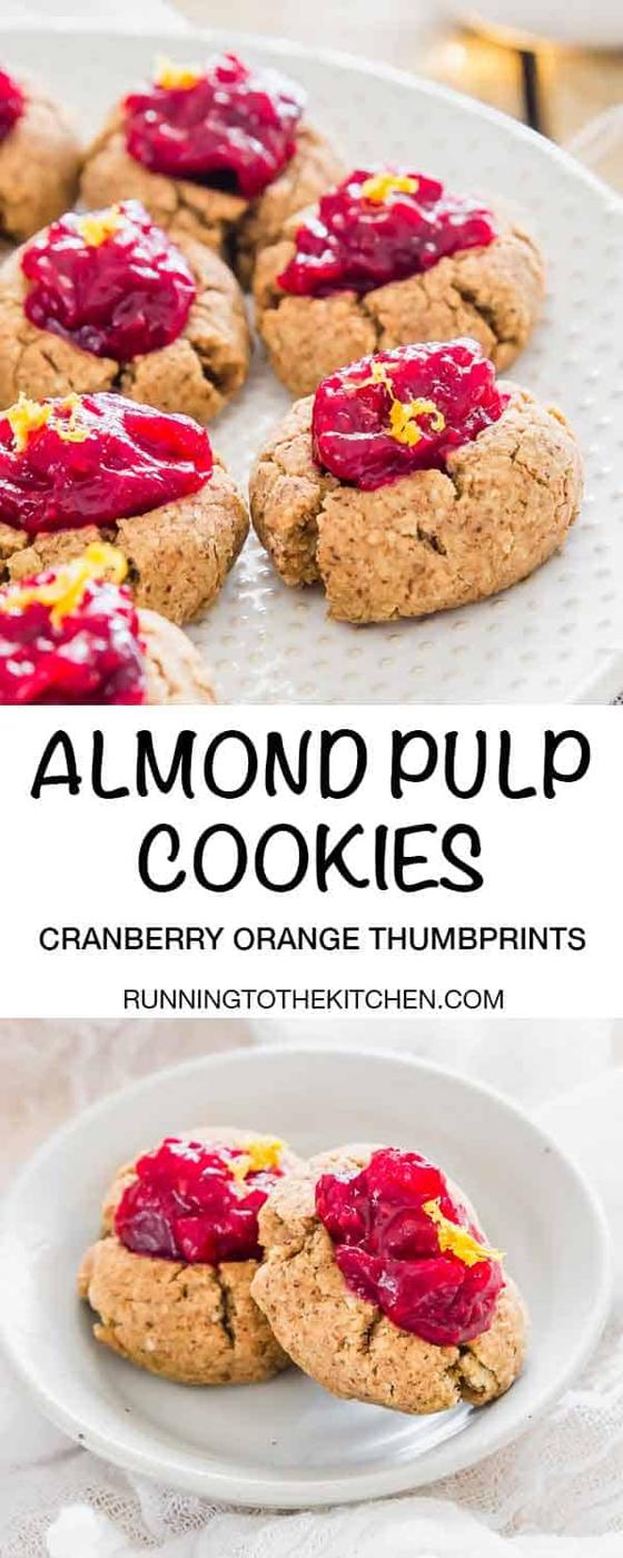Thumbprint cookies are a great way to use up leftover almond pulp from making almond milk at home. Fill them with this easy cranberry orange fruit jam made on the stovetop in minutes. #almondpulpcookies #almondcookies #thumbprintcookies