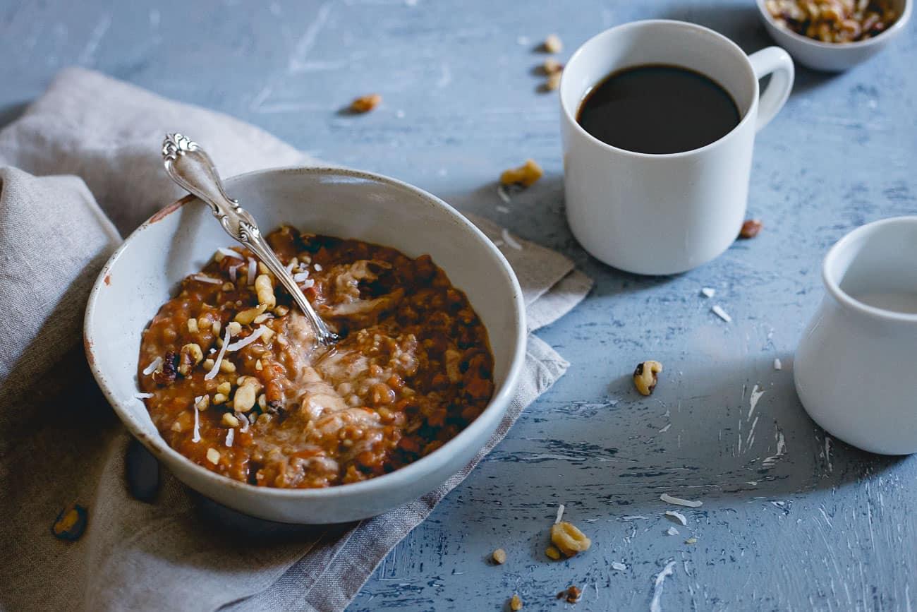 Topped with marscapone apple butter, this carrot cake oatmeal is a warm and comforting fall breakfast.