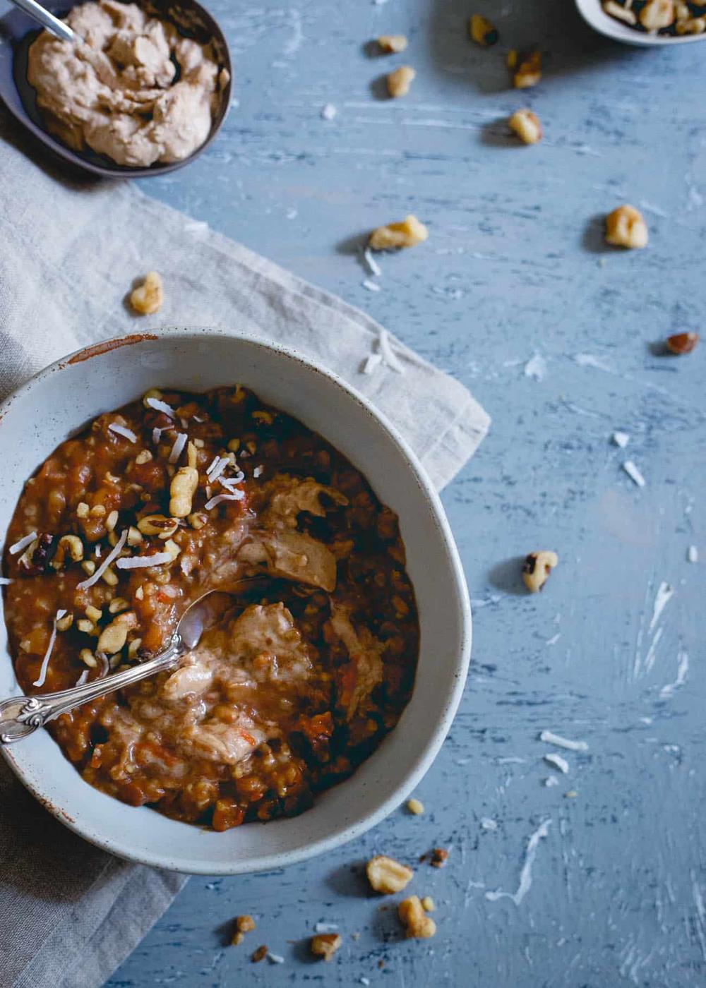 Slow cooker carrot cake oatmeal is given a fall makeover with apple butter and lots of real apples!