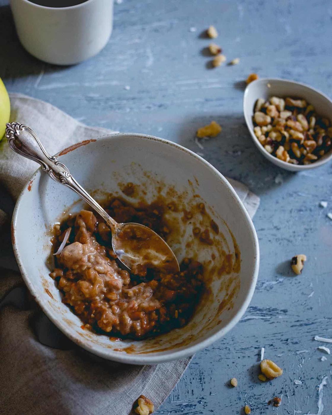 Cozy, warm and comforting, this carrot cake oatmeal with apples and apple butter is the perfect way to start your fall day.
