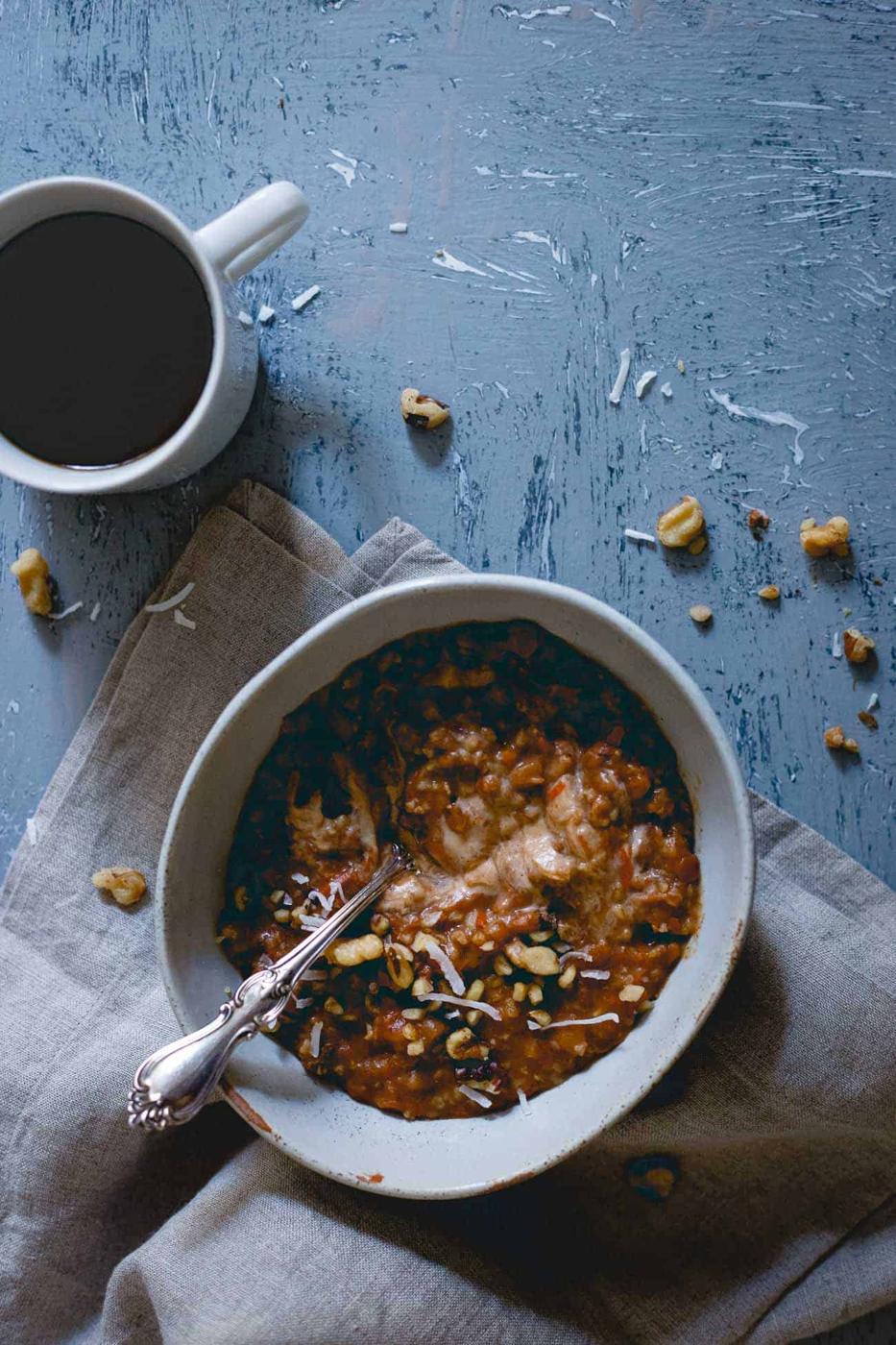 The slow cooker does all the work in this apple butter carrot cake oatmeal perfect for a crisp cool fall morning.