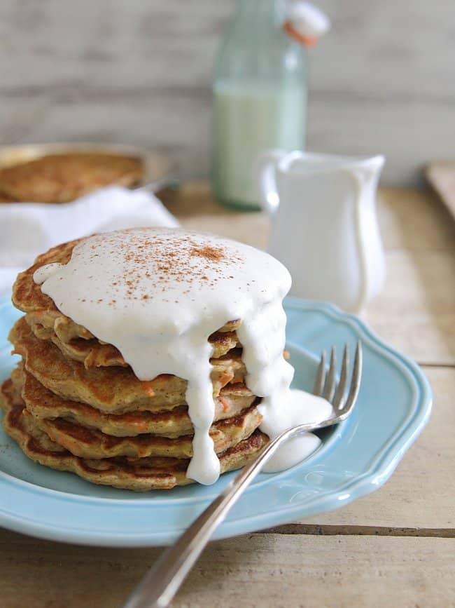 Apple carrot cake pancakes with maple cream cheese topping