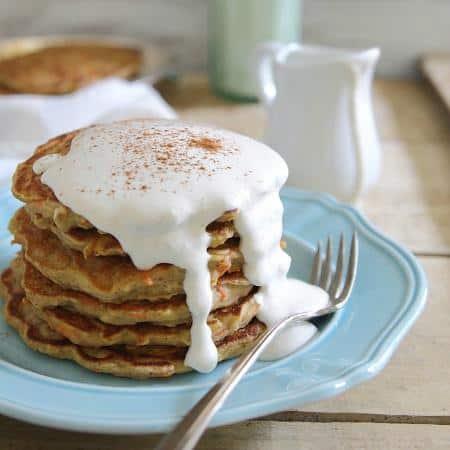 Apple Carrot Cake Pancakes with Maple Cream Cheese Topping