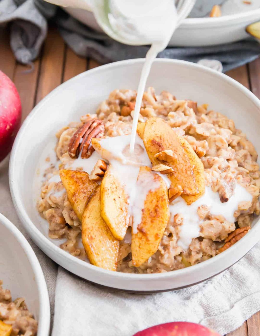 Add a splash of milk before serving this apple cinnamon oatmeal for a creamy and decadent tasting fall breakfast.