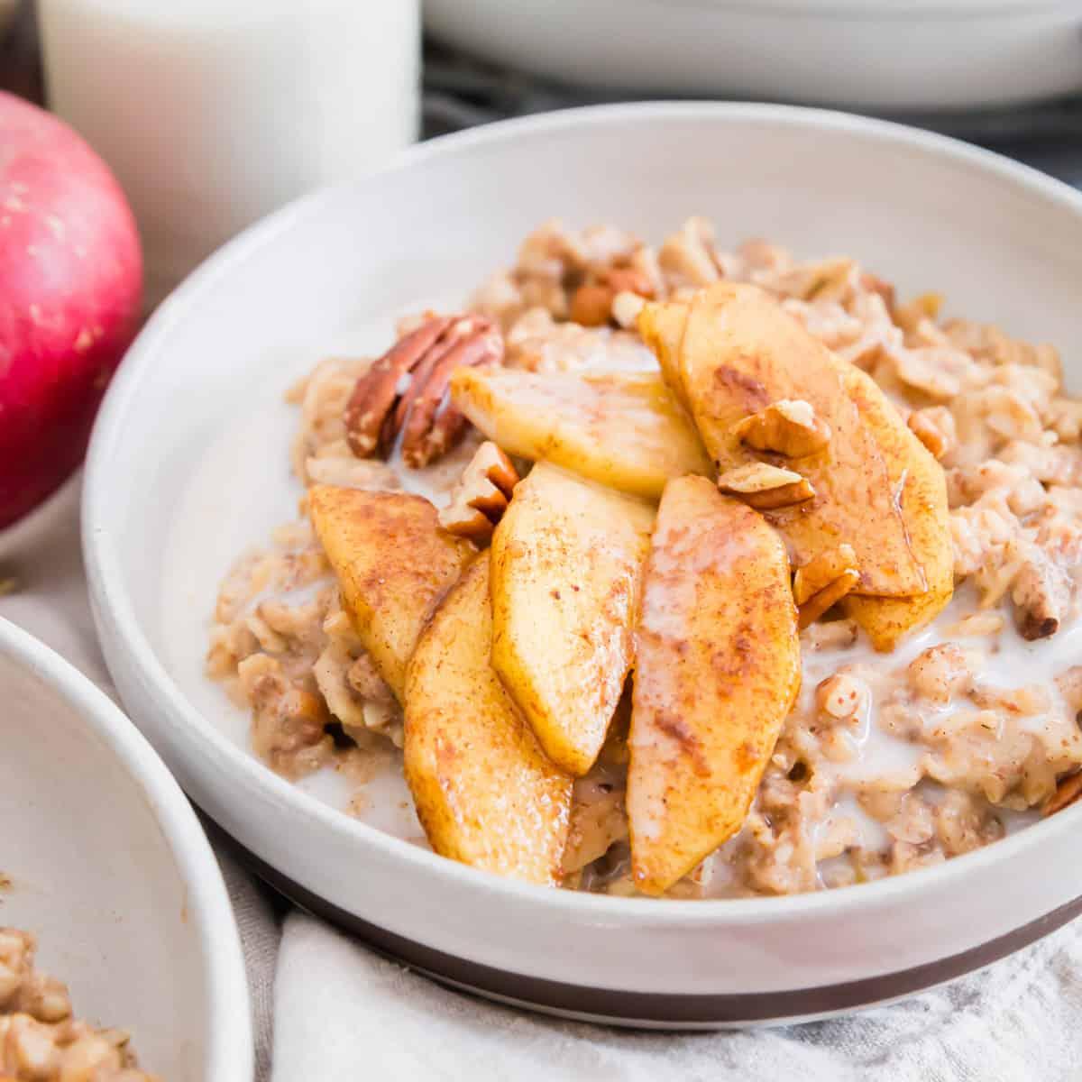 Apple cinnamon oatmeal made with gluten-free oats, chia seeds and flaxseed is a healthy yet creamy and decadent tasting fall breakfast.