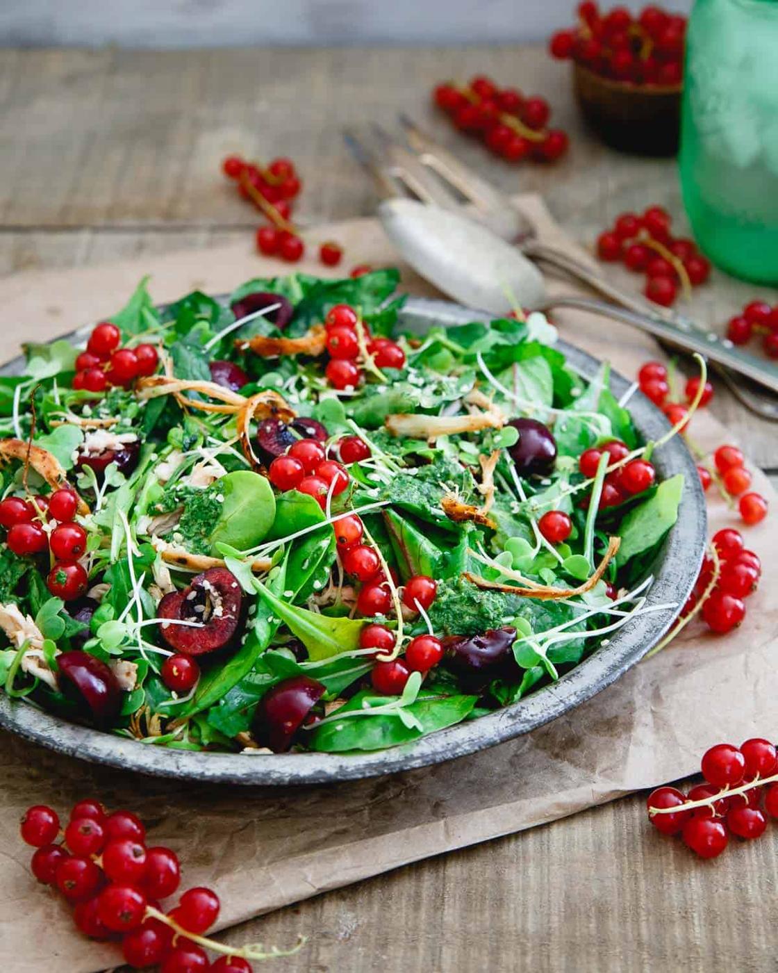 This baby kale chicken cherry salad highlights the best of summer fruit with easy shredded leftover chicken for a light and healthy meal.