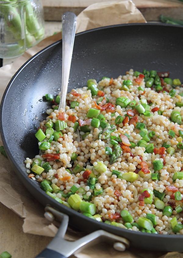 This bacon and asparagus fried couscous is pan fried in bacon fat for a delicious spin on fried rice.