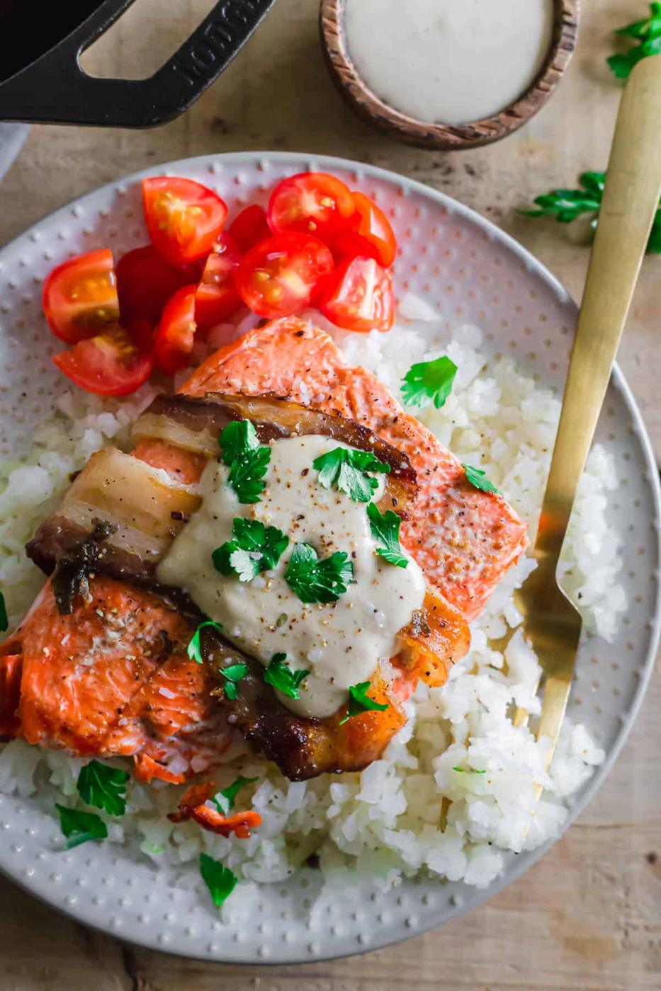 Bacon Wrapped Salmon with Creamy Tahini Sauce