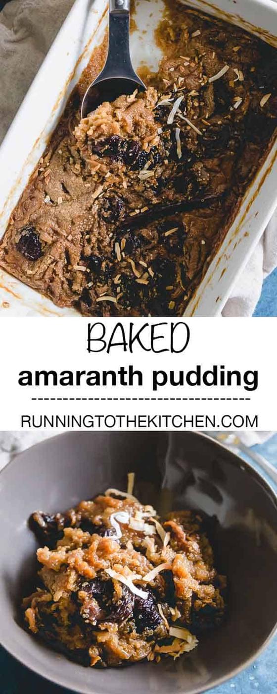 Enjoy this baked amaranth pudding with cherries, vanilla and cinnamon warm with a splash of almond milk and toasted coconut flakes. GF/DF/Vegan