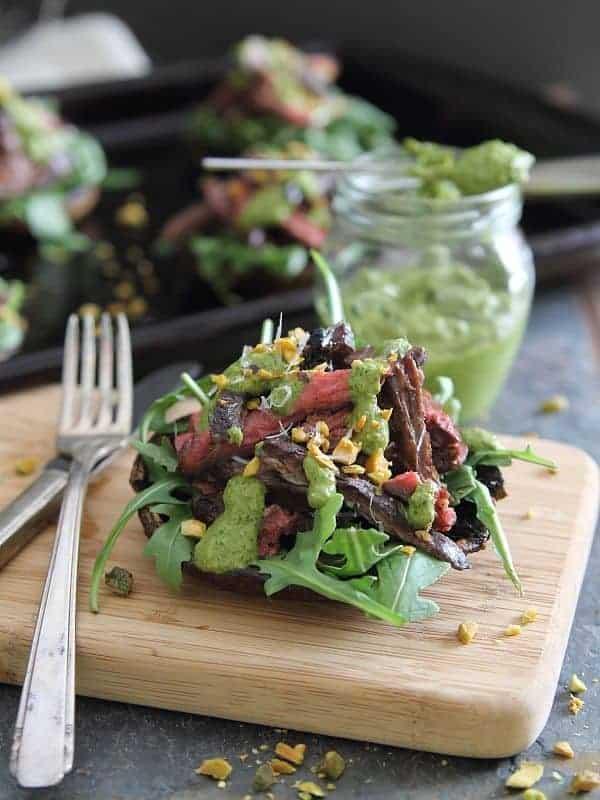 Balsamic Steak Stuffed Portobellos with Pistachio Pesto