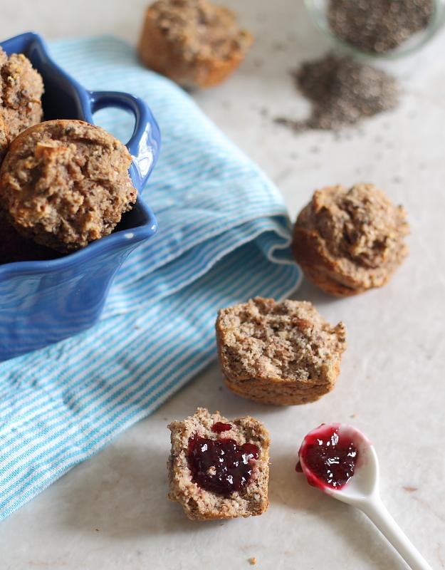 Mini moist, fluffy paleo banana chia muffins make a great grain-free snack.