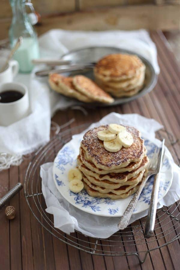 These banana nutmeg pancakes are made from scratch with yeast. Just 10 minutes of rising time makes these the fluffiest pancakes you'll ever eat.