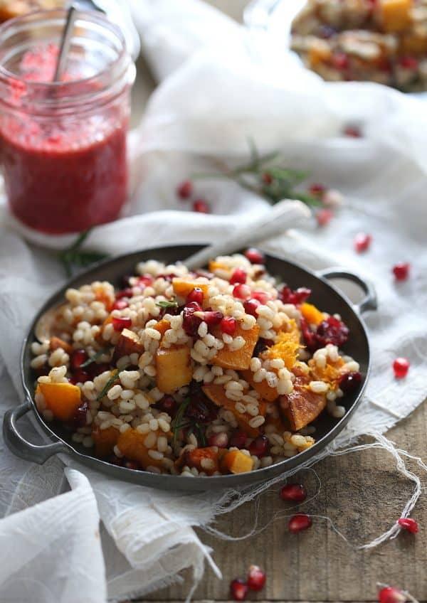 Barley butternut squash salad with pomegranate and cranberries