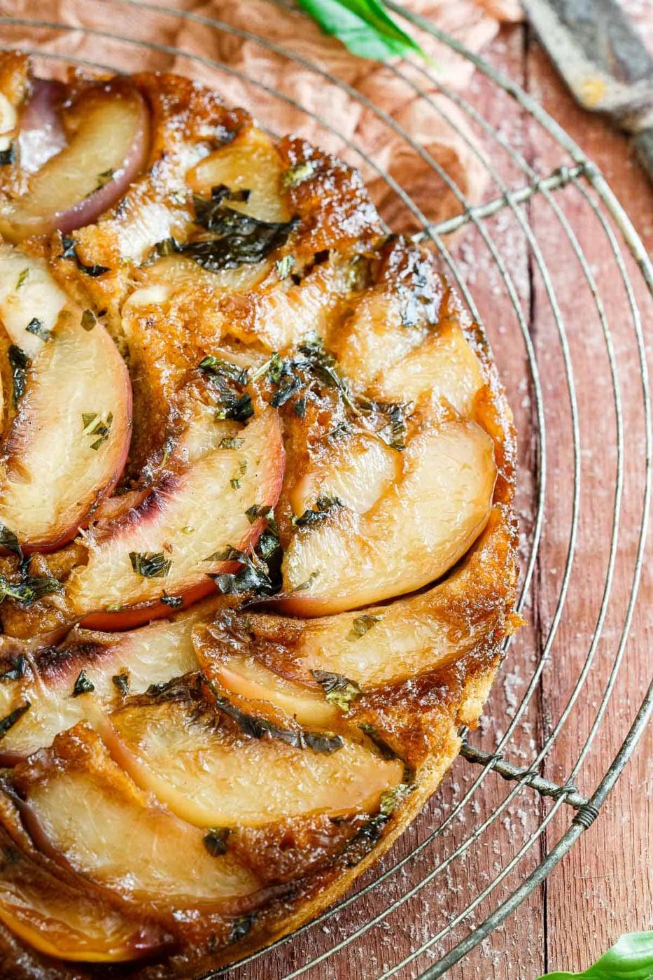 This nectarine upside down cake is infused with fresh basil. It's a gluten free summer treat that goes perfectly with an afternoon cup of tea or coffee.