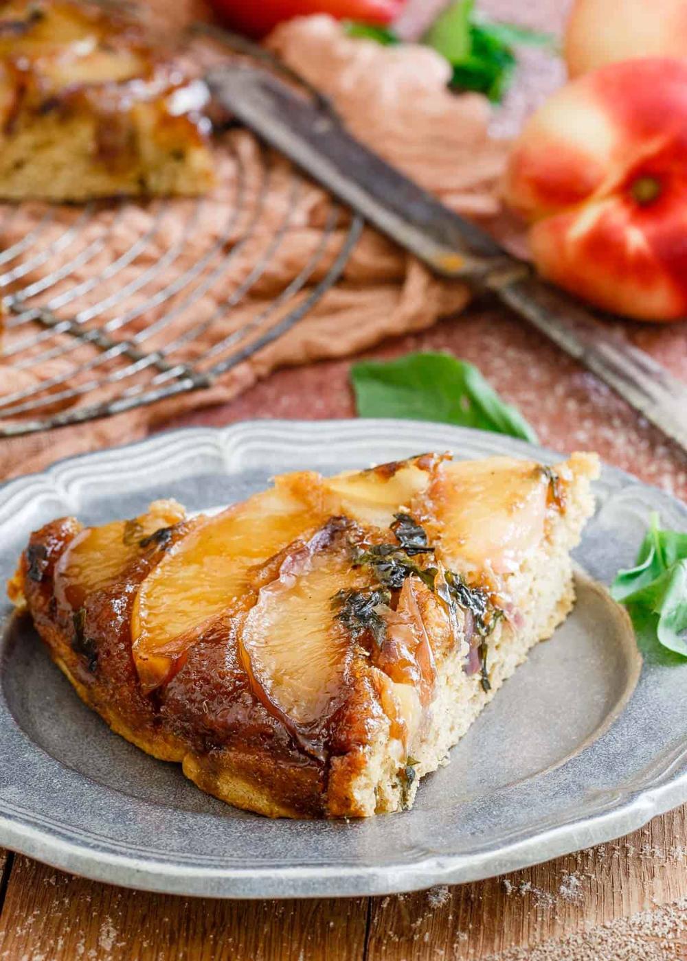 Basil Nectarine Upside Down Cake is a delicious gluten free summer treat.
