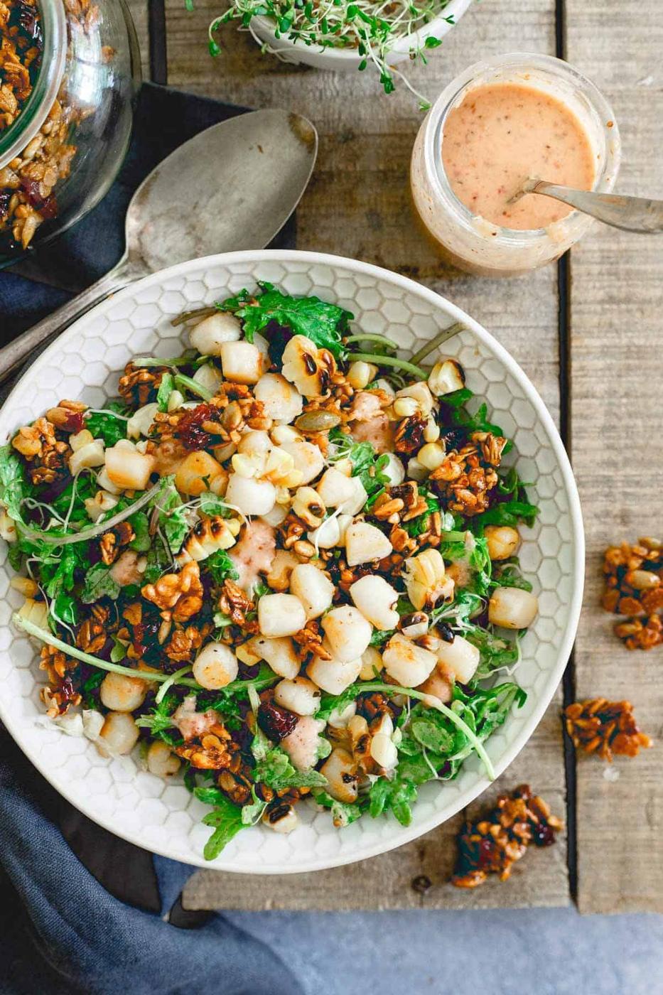 Bay Scallop Baby Kale Corn Salad with Savory Tart Cherry Granola