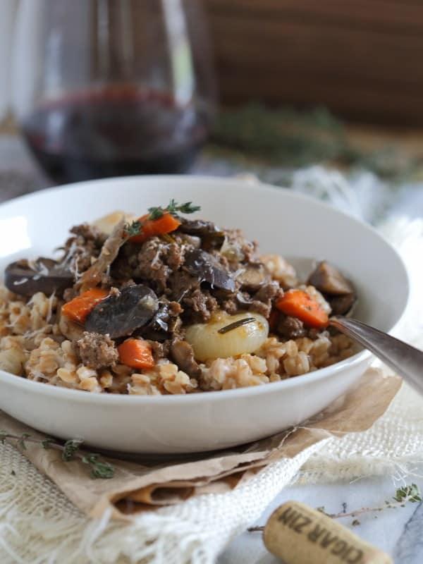 Beef and mushroom bolognese over farro