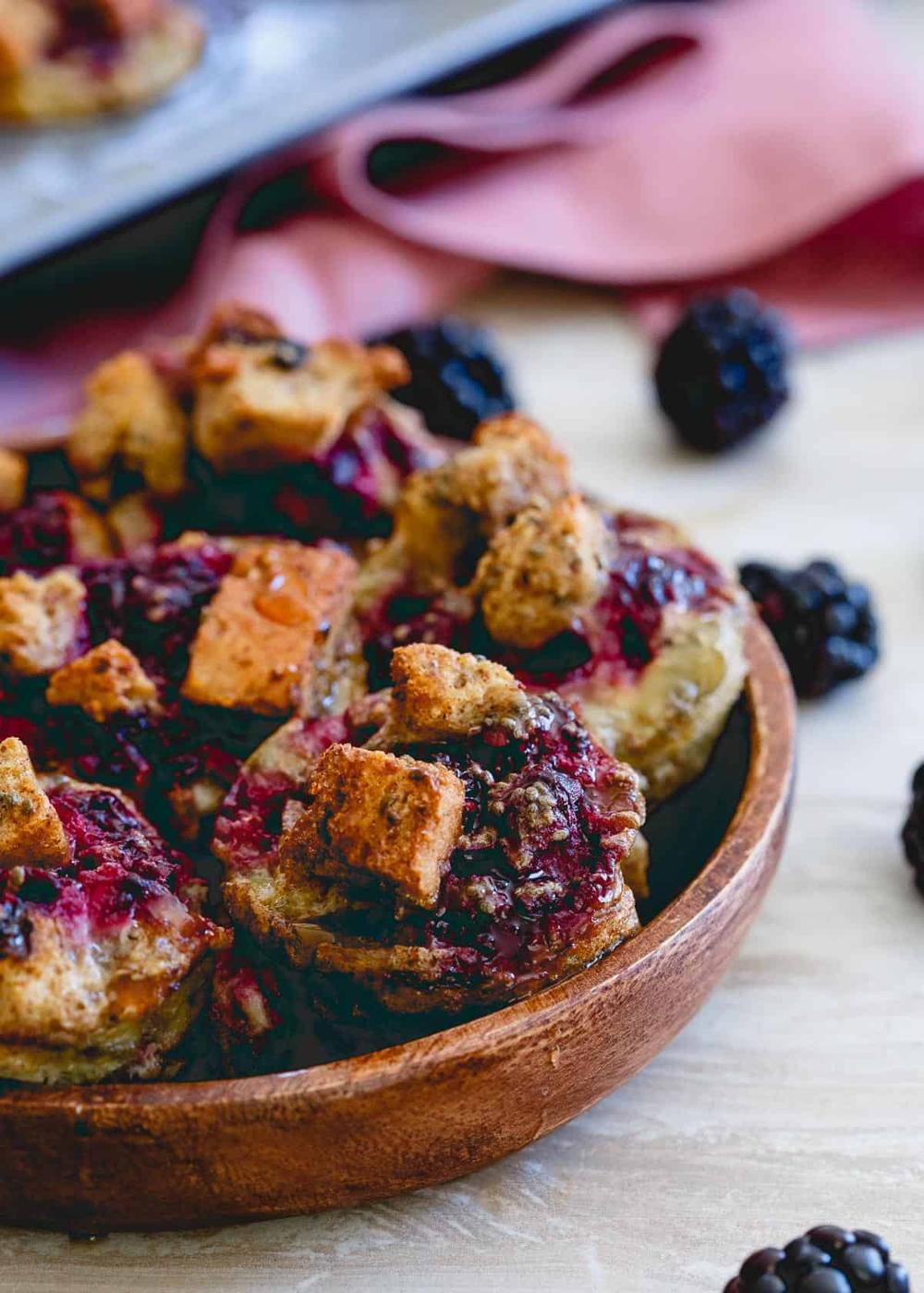 Baked in a mini-muffin tray these blackberry ginger French toast bites are a deliciously portable breakfast bursting with fruity flavor.
