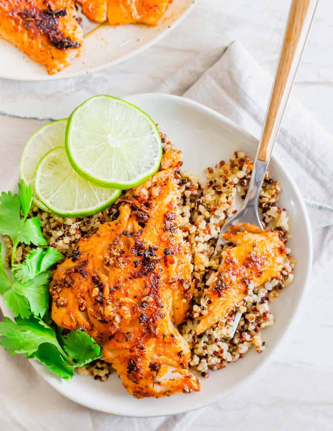 Overhead shot of blackened cod recipe with a fork.