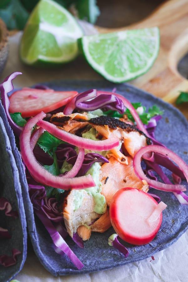 Blackened Salmon Tacos with Pickled Radishes and Red Onion