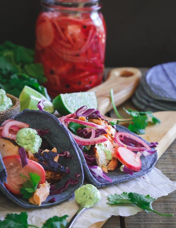 Blackened Salmon Tacos with Avocado Cilantro Cream