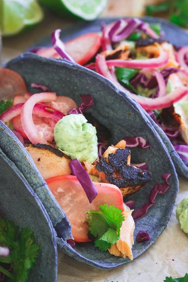 Blue Corn Blackened Salmon Tacos