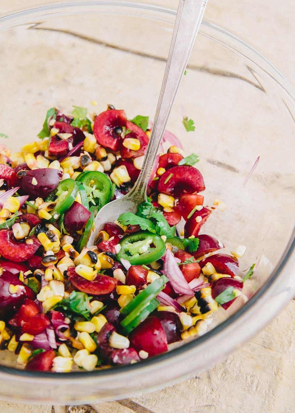 Grilled Corn Cherry Salsa makes the perfect topping for spicy blackened shrimp tacos