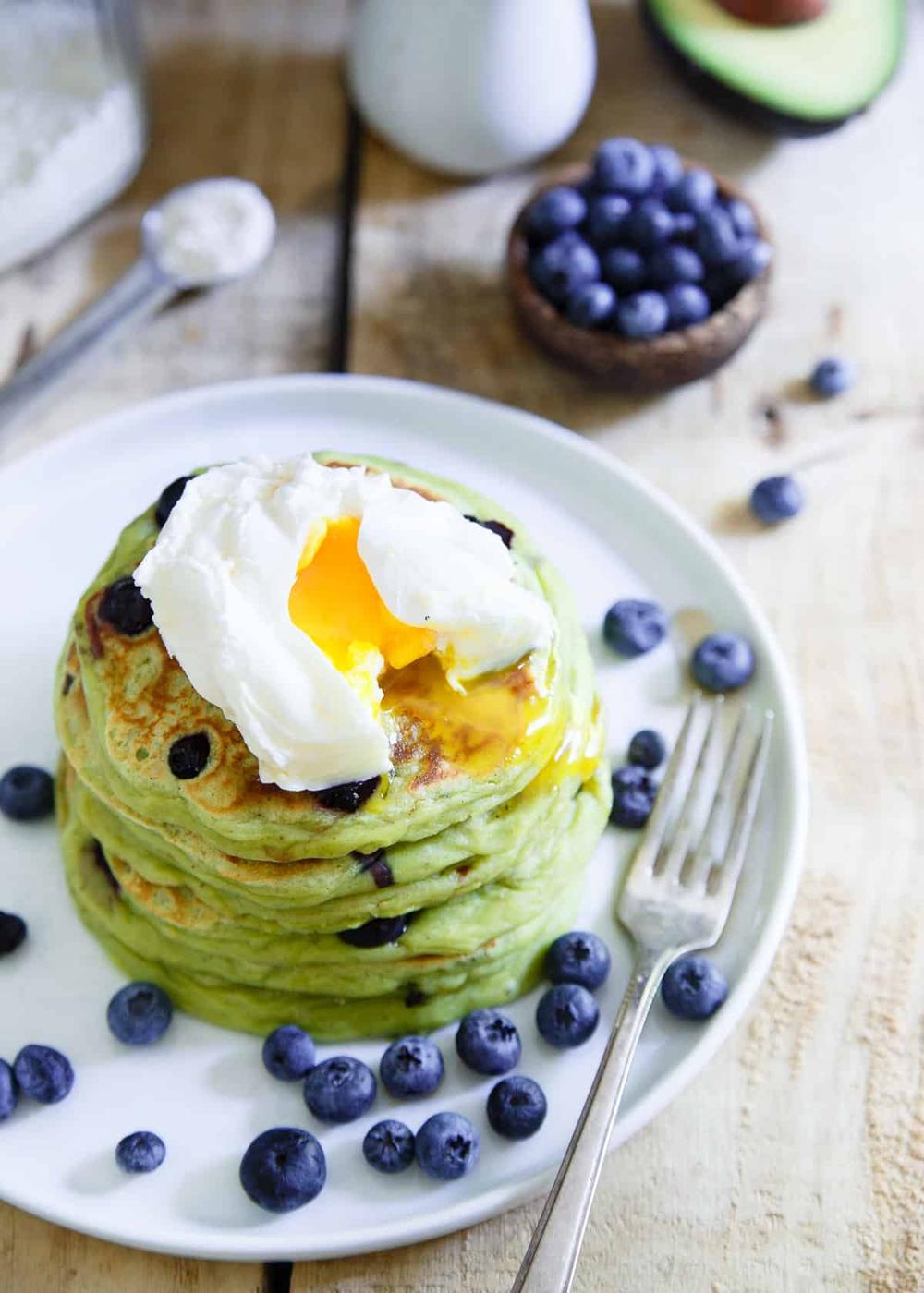 Blueberry Avocado Pancakes are thick, decadent and perfect with a poached egg on top.