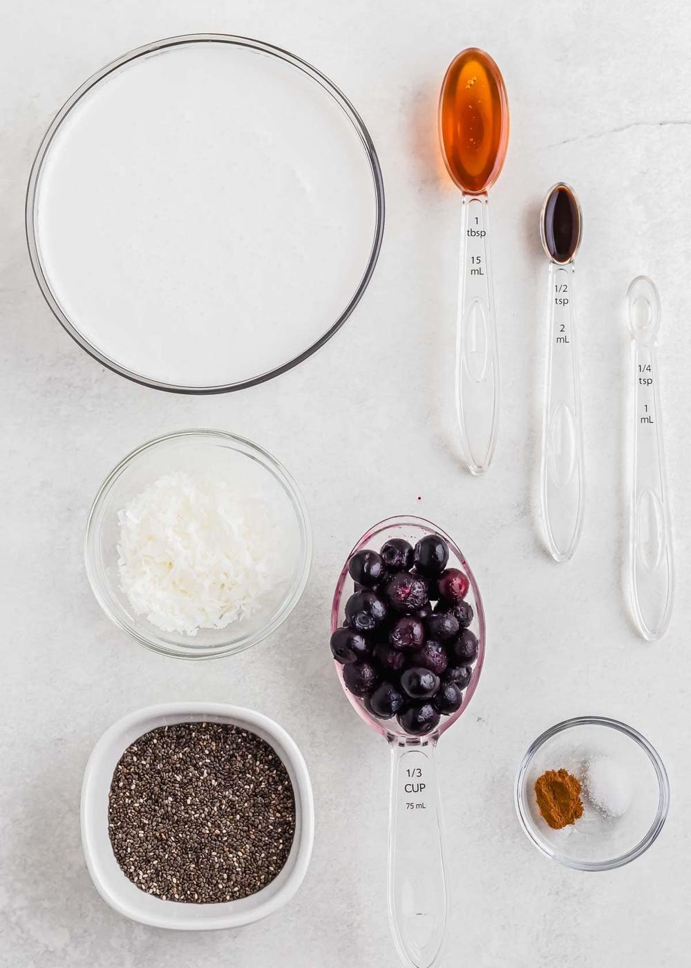 Clear bowls and measuring spoons filled with various ingredients including coconut milk, honey, vanilla extract, shredded coconut, blueberries, chia seeds, salt, and cinnamon laid out on a white surface.