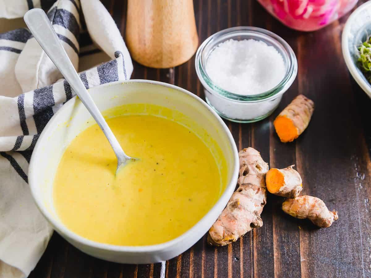 Golden tahini dressing for blueberry white bean salad.