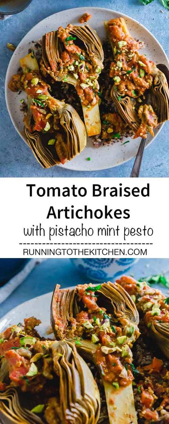 Braising artichokes is the answer to the fussy annoyance of ripping off leaves to eat this amazing vegetable. Cooked slowly in a chunky tomato sauce with white wine and then served with pistachio pesto, these artichokes are FULL of flavor and SUPER tender. #braisedartichokes #artichokerecipe