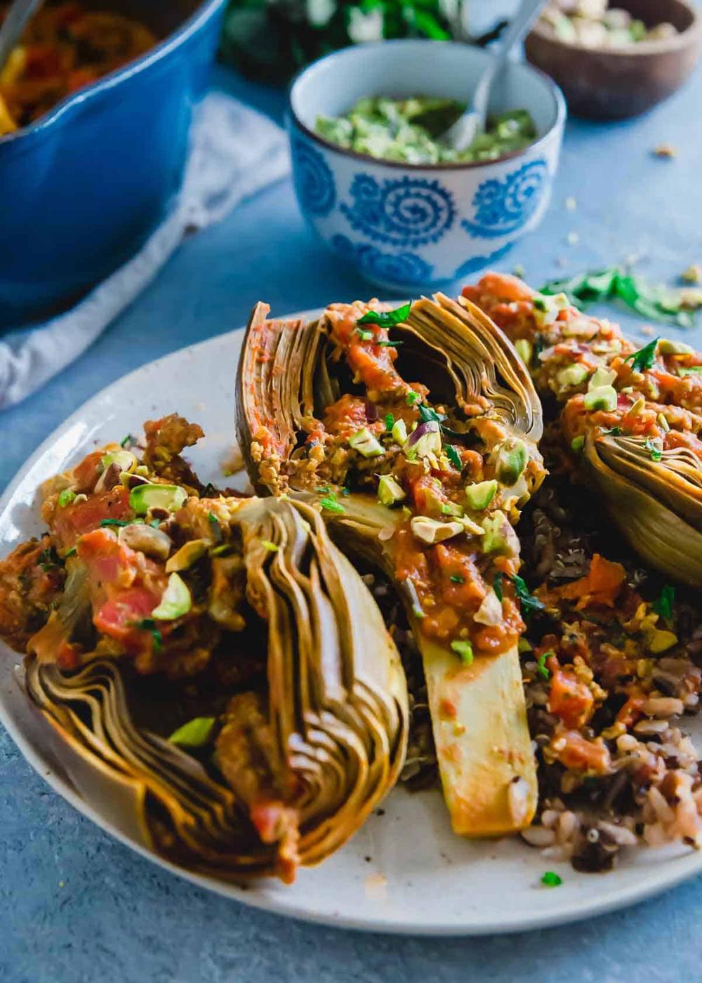 Tomato Braised Artichokes with Pistachio Pesto
