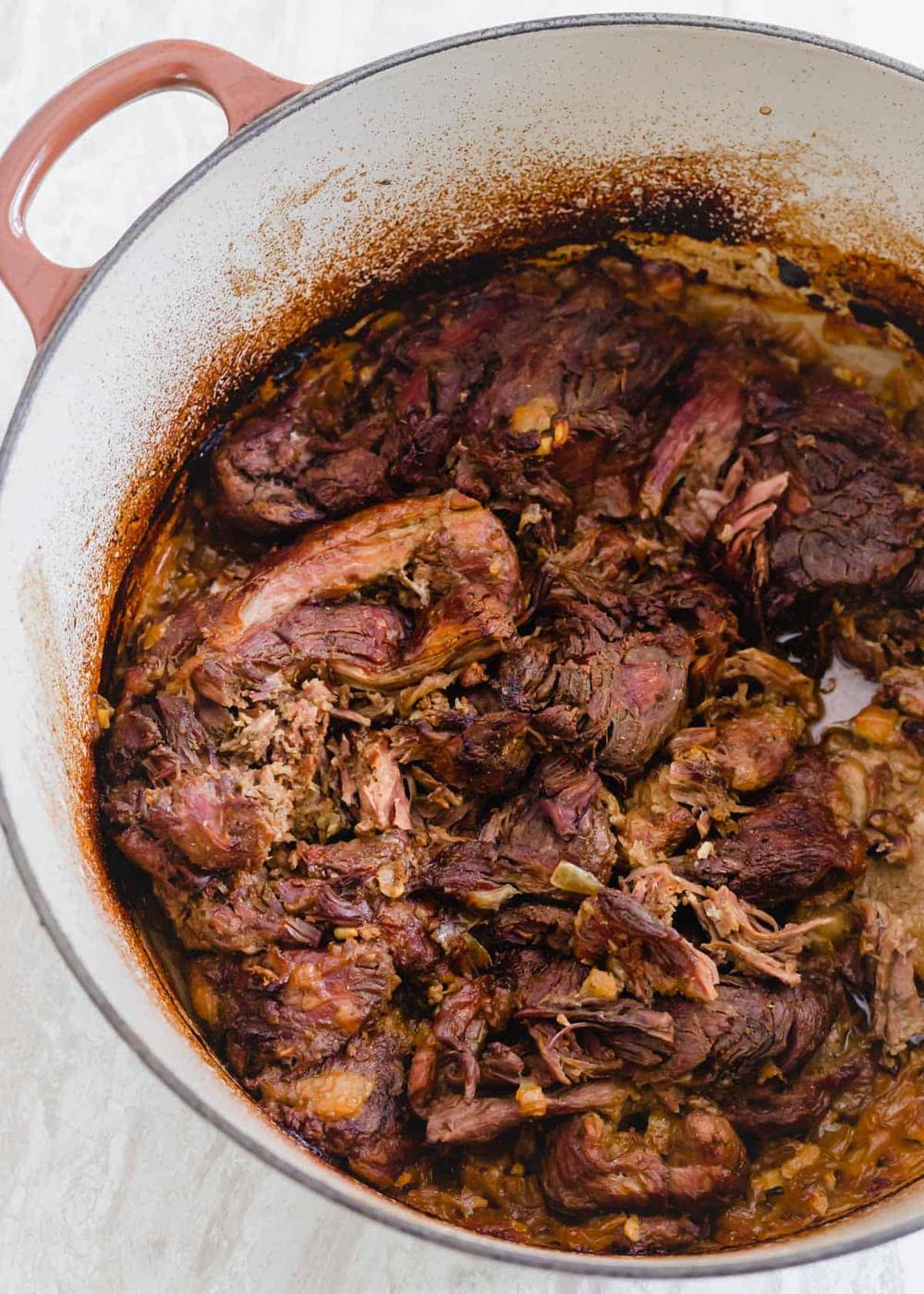 Boneless leg of lamb after braising for 3 hours in a Dutch oven.