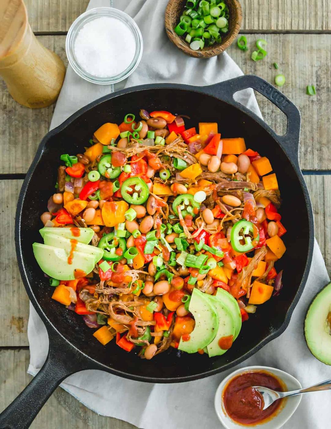 Brisket hash recipe in a cast iron skillet.