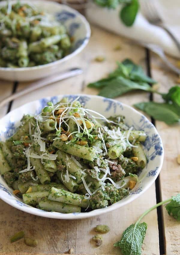 Penne with lamb and mint pesto