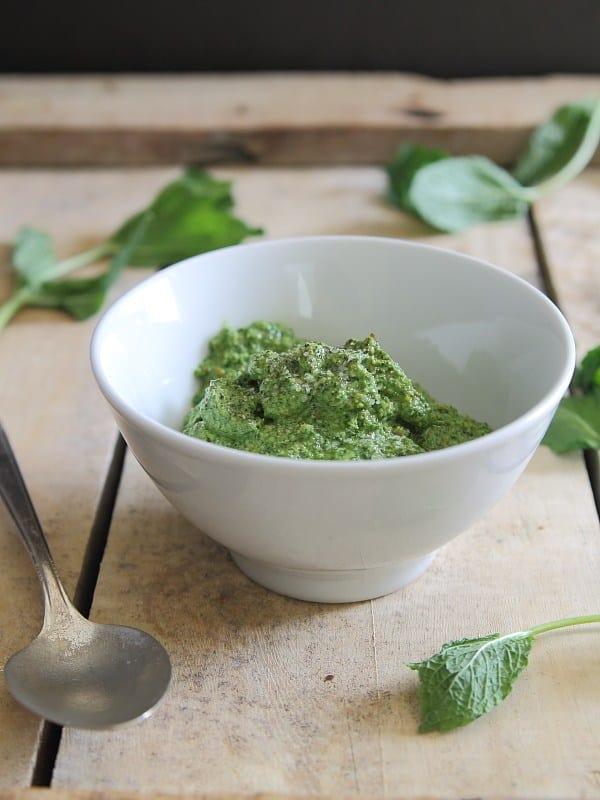 Brown rice penne with lamb and mint pesto