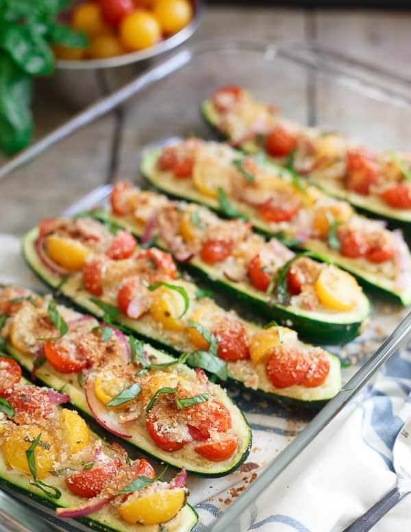 Bruschetta Hummus Stuffed Zucchini