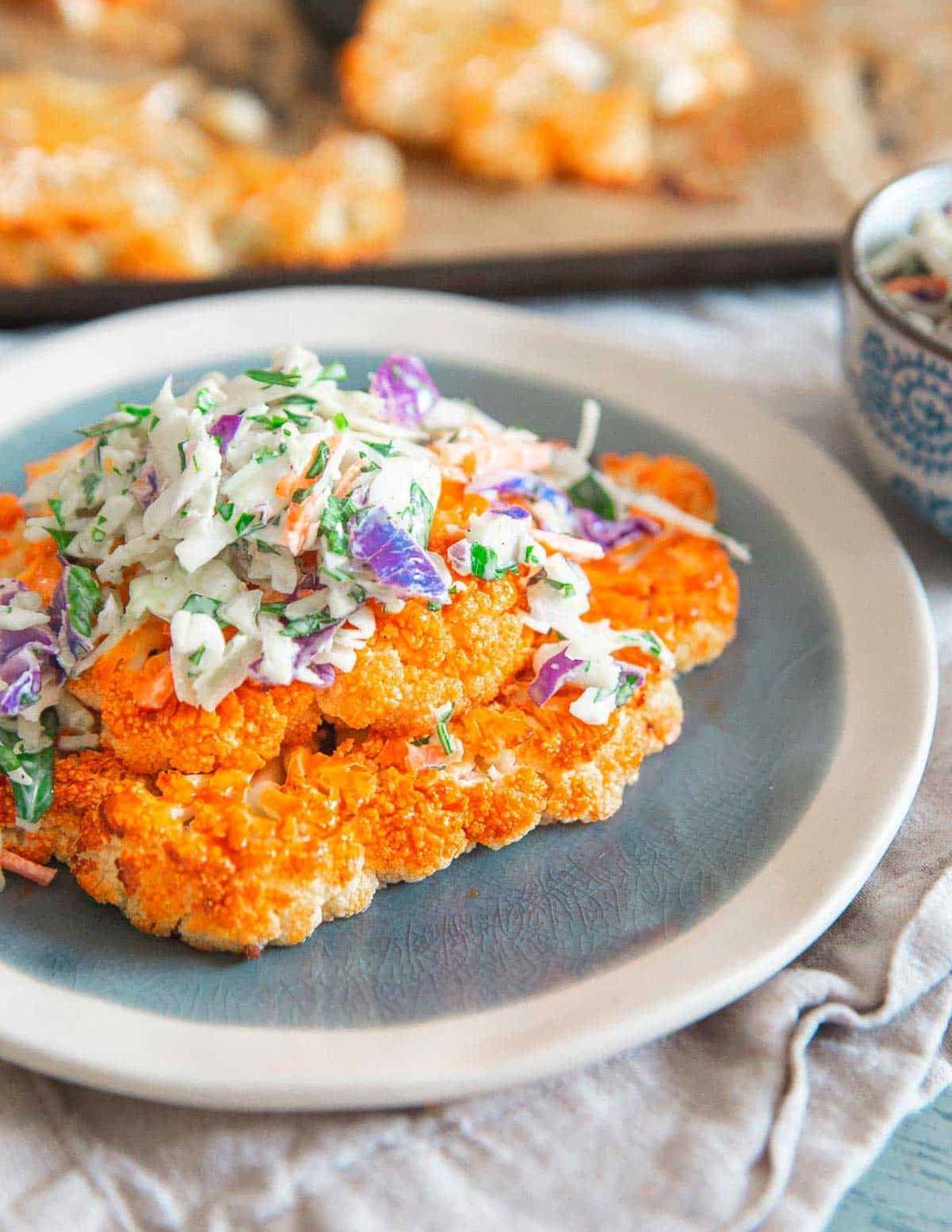 Buffalo Cauliflower Steaks with Blue Cheese Coleslaw