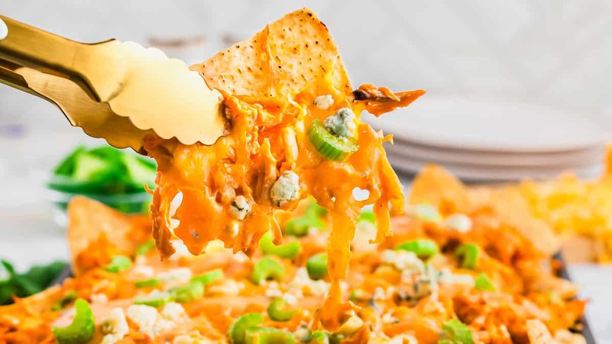 A close-up of a nacho being lifted with tongs. The nacho is covered in melted cheese, buffalo chicken, and topped with blue cheese crumbles and sliced celery. A blurred stack of plates can be seen in the background.