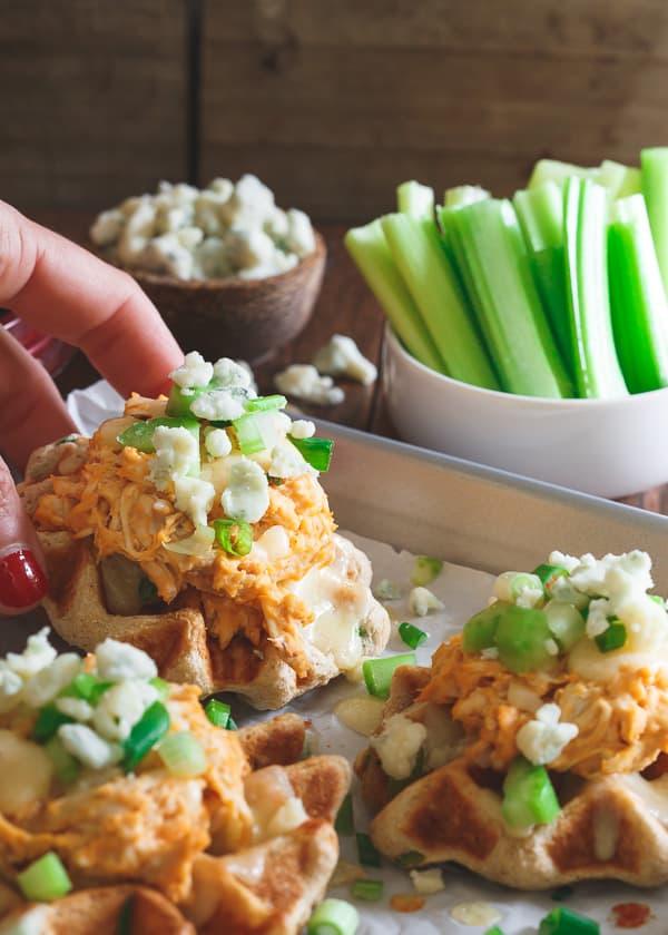 Buffalo Hummus Chicken Waffle Bites for Superbowl