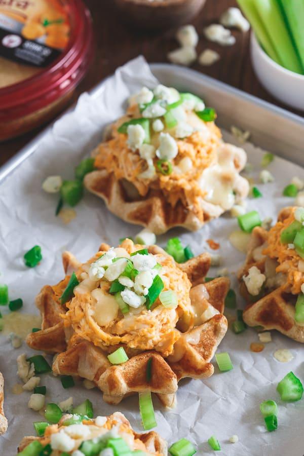 Buffalo Hummus Chicken Waffle Bites with Blue Cheese