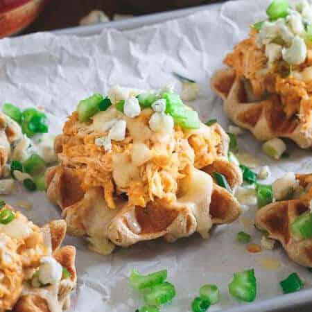 Buffalo Hummus Chicken Waffle Bites