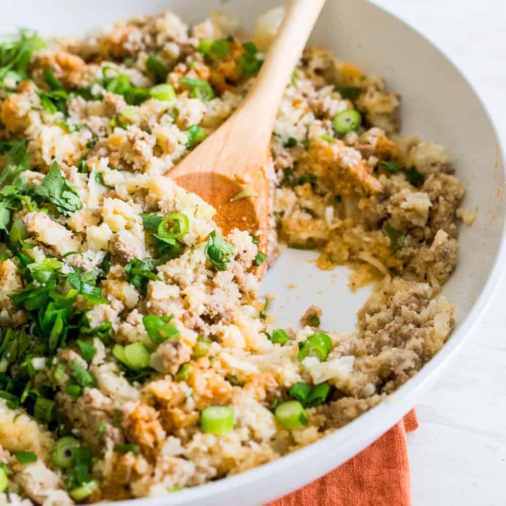 This buffalo turkey cauliflower skillet comes together in just minutes. All you need is 4 ingredients!