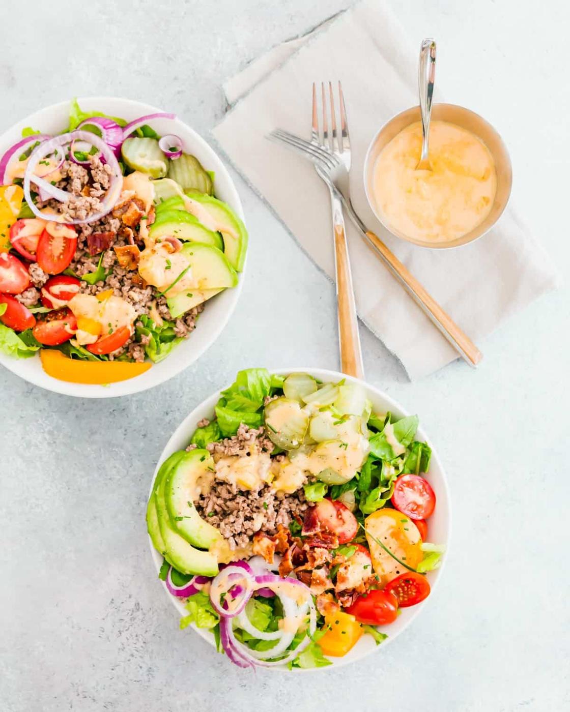 Loaded homemade burger bowls are a fun and healthier way to enjoy all the flavors of your favorite burger.