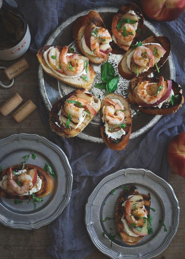 Burrata Crostini with Grilled Shrimp and Peaches