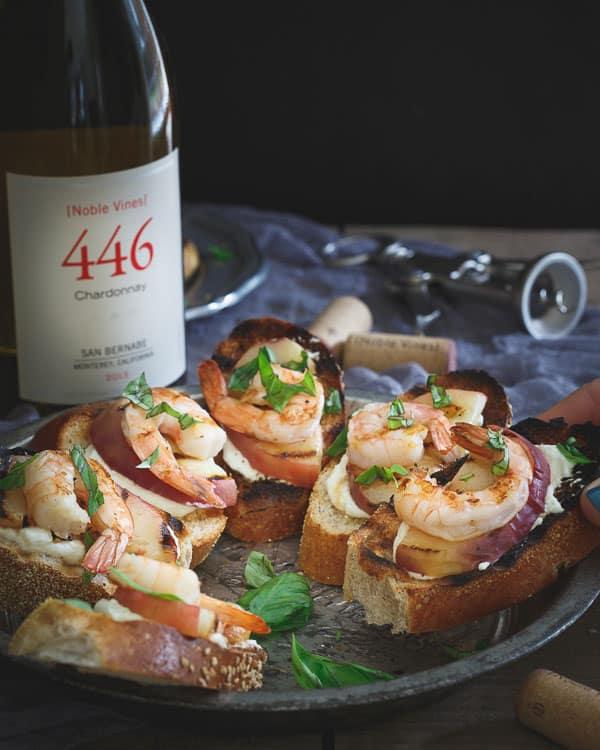 Lemon Burrata Crostini with Grilled Shrimp and Peaches
